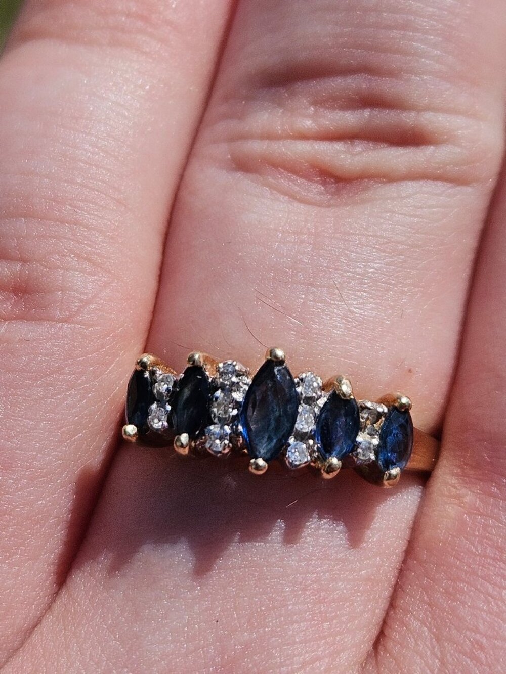 10K Yellow Gold Natural Sapphire Diamond Marquise Style Ring Band 6mm Size 7.5